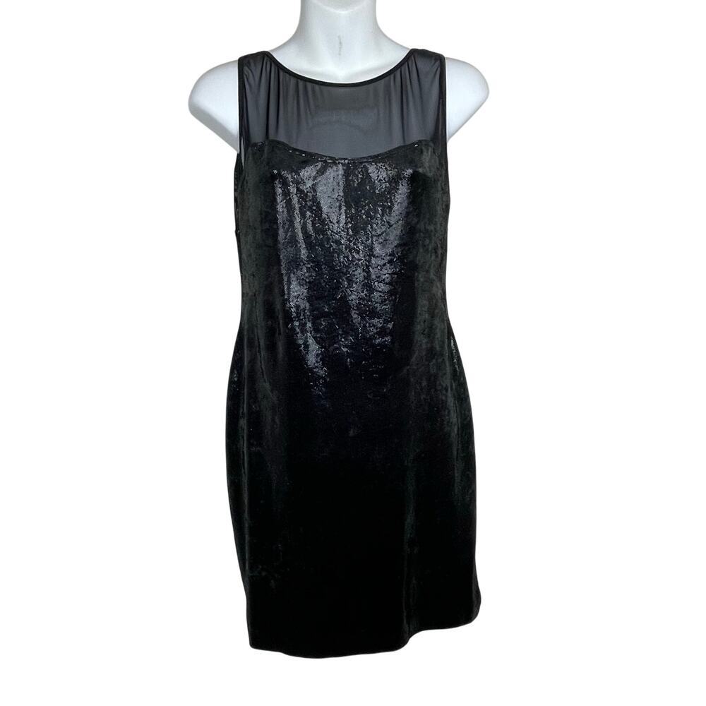 AJ Bari Women's Size 4‎ Black LBD Mini Dress Sheer Top Sequin Back Zip Stretch